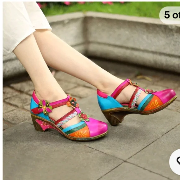 Queen Boho Leather Printing Stitching Mary Jane Style Halloween Heels - Picture 15 of 16